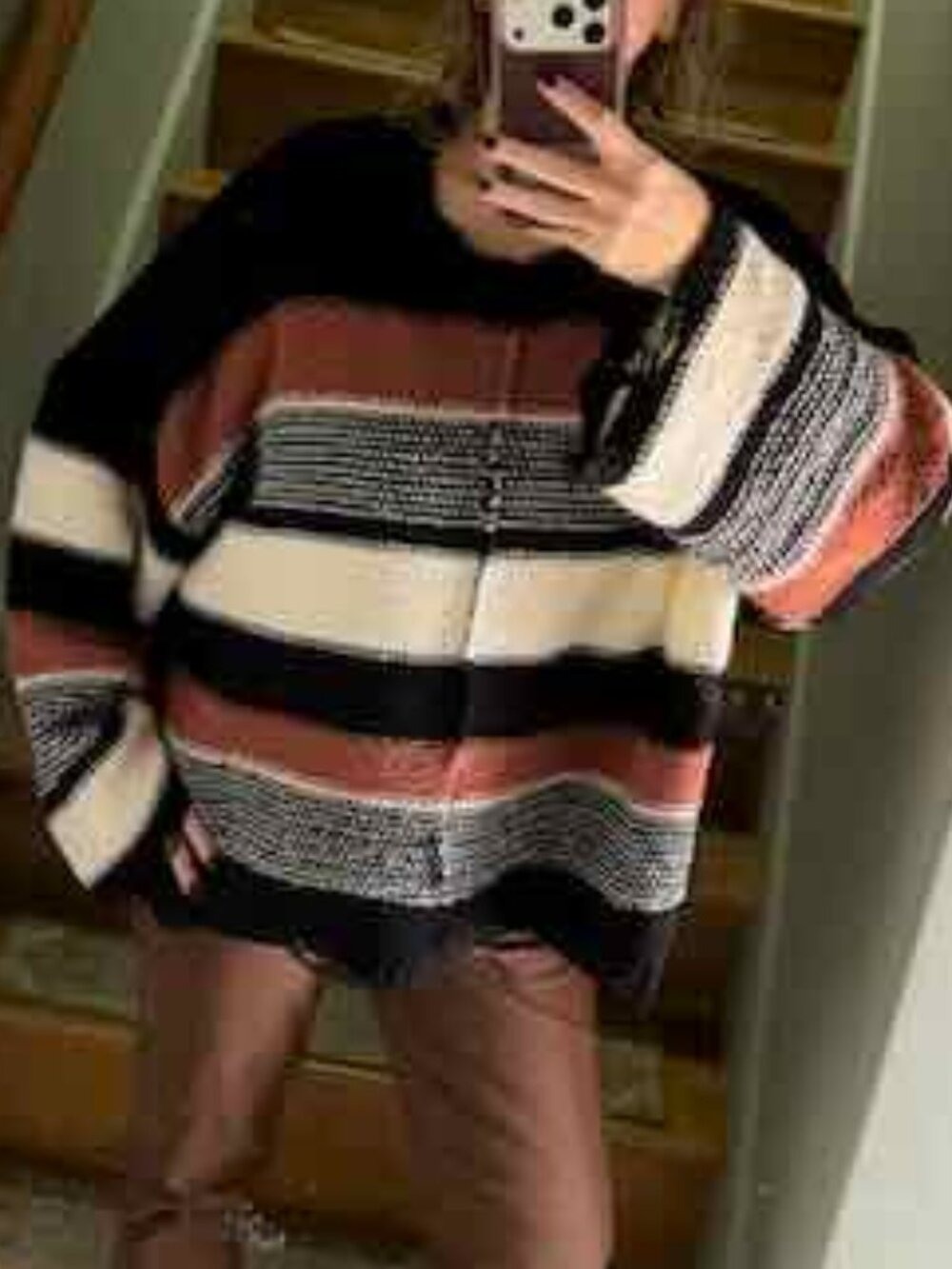 POL Striped Fringe Hem Oversized Sweater Rust Black Cream